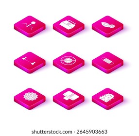 Definir vírus, espiral de DNA e computador, Distância segura, Parar vírus, Raiva, Máscara de proteção médica, olho avermelhado devido e ícone de kit de primeiros socorros. Vetor