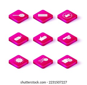 Set Virus, DNA symbol and virus, Bottle of liquid antibacterial soap, Medical rubber gloves, with, Test tube, No handshake and Pills in blister pack icon. Vector