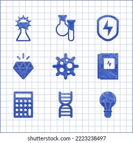 Set Virus, DNA symbol, Light bulb with concept of idea, Electrical panel, Calculator, Diamond, Secure shield lightning and Test tube and flask icon. Vector