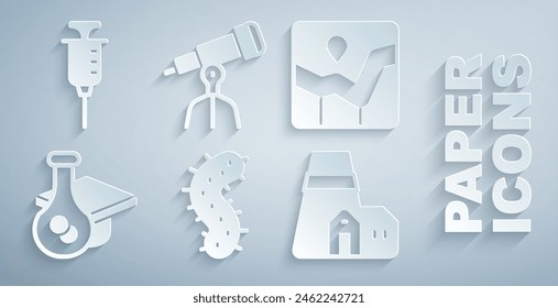Set Virus, Graph chart infographic, Graduation cap, Power station plant, Telescope and Syringe icon. Vector