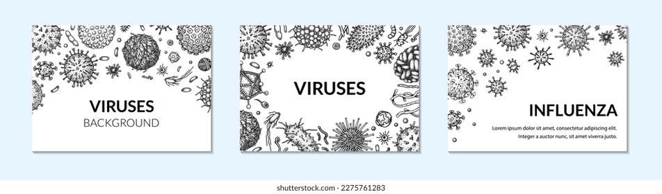 Set of virus horizontal backgrounds in sketch style. Hand drawn bacteria, germ, microorganism. Microbiology scientific design. Vector illustration in sketch style