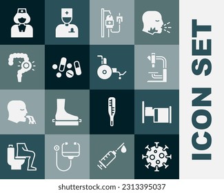 Fijar virus, cama de hospital, microscopio, bolsa IV, píldora o tablet de Medicina, estreñimiento de la boca, icono de enfermera y silla de ruedas. Vector