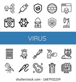 Set of virus icons. Such as Virus, First aid kit, Vaccine, Molecular, Shield, Hacker, Research, Needle, Mosquito, Sick, Bacteria, Hand wash, Ddos, Data protection , virus icons