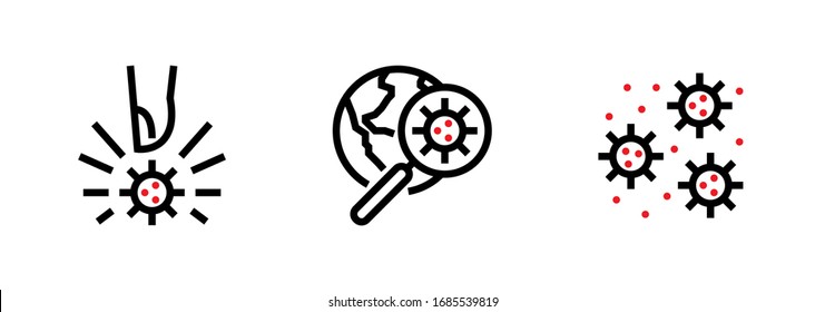 Set of Virus interaction icon. Touch microbe, Search and Flying bacteria. Editable line vector. Sign of a finger in contact with a microbe, infection, magnifying glass and planet earth, many bacteria