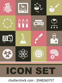 Set Virus, Laboratory assistant, Genetically modified food, Reagent bottle, Chemical formula, Bacteria and Electronic scales icon. Vector