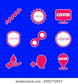 Set Virus, Man coughing, Corona virus 2019-nCoV on location, covid-19, Washing hands with soap, Shield protecting from,  and  icon. Vector