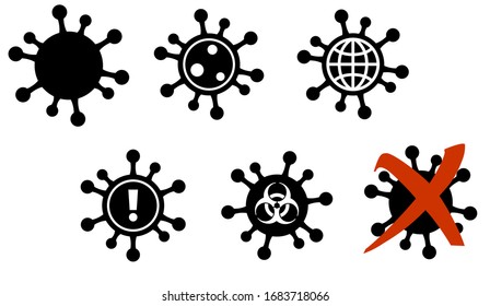 Set of virus microbe icons with biohazard globe alert symbols in black set of six