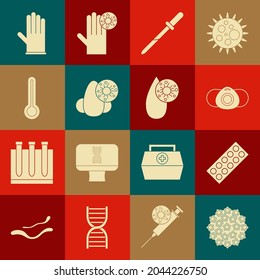 Fijar virus, pastillas en blíster, máscara de protección médica, pipeta, nariz y virus de Runny, termómetro, guantes de goma e icono de análisis de sangre. Vector
