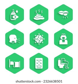 Set Virus, Pills in blister pack, Constipation, Nurse, Hospital bed, Man coughing, Herpes lip and Eye drop bottle icon. Vector