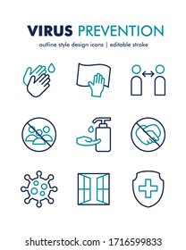 Set of virus prevention tips vector icons. Contains such Icons as hand wash, social distancing, avoid crowds, and more. Line style design. Editable stroke.