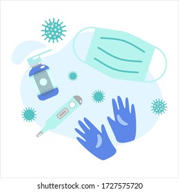 Set of virus protection by medical mask, sanitizer, thermometer and gloves. Vector flat illustration. Pharmacy purchases. Drugstore concept. Design for pattern, banner, card.