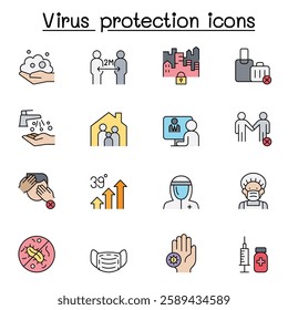 Set of Virus protection icon. contains such icon as, social distancing, mask, hand washing, stay home and more. in color line style