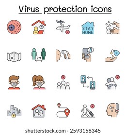 Set of Virus protection icon. contains such icon as, social distancing, mask, hand washing, stay home and more. in color line style