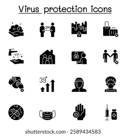 Set of Virus protection line icon. contains such icon as, social distancing, mask, hand washing, stay home and more. in glyph style