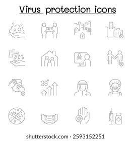 Set of Virus protection line icon. contains such icon as, social distancing, mask, hand washing, stay home and more.