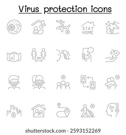 Set of Virus protection line icon. contains such icon as, social distancing, mask, hand washing, stay home and more.