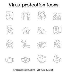 Set of Virus protection line icon. contains such icon as, social distancing, mask, hand washing, stay home and more.