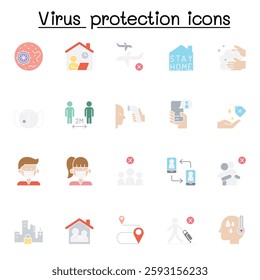 Set of Virus protection line icon. contains such icon as, social distancing, mask, hand washing, stay home and more. in flat color style