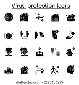 Set of Virus protection line icon. contains such icon as, social distancing, mask, hand washing, stay home and more. in glyph style