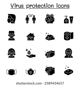 Set of Virus protection line icons. contains such Icons as, social distancing, mask, hand washing, stay home and more.