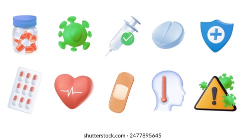 Conjunto de iconos 3D de Vector relacionados con la protección contra virus. Contiene iconos como medidas de protección, síntomas de coronavirus, período de incubación y más. Servicios médicos y sanitarios