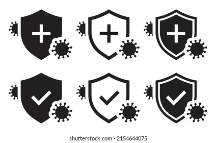 Set of virus and shield icons. Immune system, virus resistance. Coronavirus COVID-19 icon. Hygiene shield, virus protection. Danger microbe or virus. Vector.