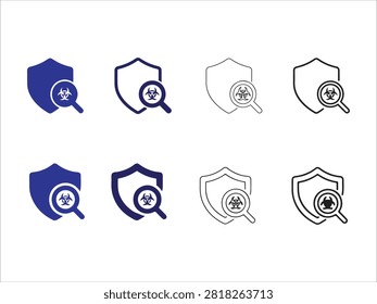 Set of virus shield icons with magnifying glass isolated on transparent background