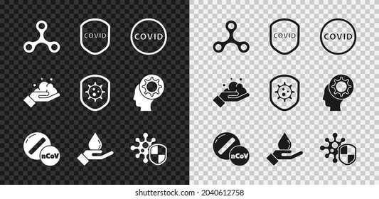 Fijar virus, Escudo protegido del virus, Corona covid-19, tableta de píldora de Medicina, Lavarse las manos con jabón e icono. Vector