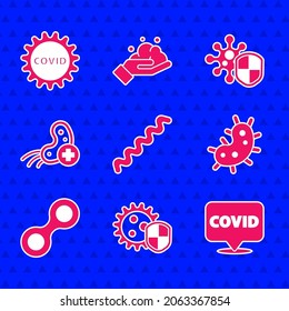 Set Virus, Shield protecting from virus, Corona covid-19 on location, Positive,  and  icon. Vector