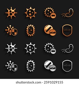 Set Virus, Shield protecting from virus, Medicine pill or tablet, Negative,  and  icon. Vector