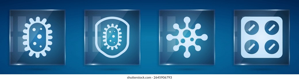 Defina vírus, escudo protegendo contra vírus, vírus e comprimidos em blister pack. Painéis de vidro quadrados. Vetor