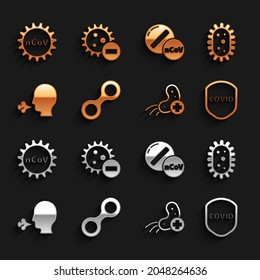 Set Virus, Shield protecting from virus, Positive, Man coughing, Medicine pill or tablet, Corona 2019-nCoV and Negative icon. Vector