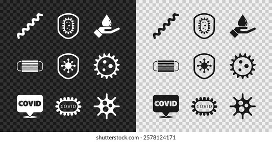 Set Virus, Shield protecting from virus, Washing hands with soap, Corona covid-19 on location, Medical protective mask and  icon. Vector