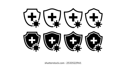 set of virus shield protection icon sign symbol badge black white color vector design illustration collection isolated