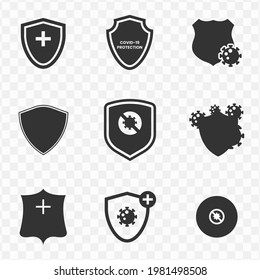Set of virus shield simple vector icons in dark color and transparent background(png). Vector illustration.