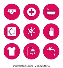 Set Virus, Shower head, Water tap, Rubber gloves, T-shirt, Condom in package safe sex, Bathtub and Underwear icon. Vector