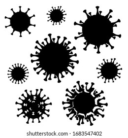 Set of virus silhouettes. Coronavirus icon sign collection. Stock vector collection set, black and white, isolated on white background.