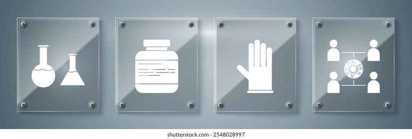 Set Virus spread, guantes de goma médicos, botella de medicina y píldoras y tubo de ensayo y frasco. Paneles de vidrio cuadrados. Vector