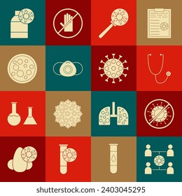 Fijar la propagación de virus, Parar virus, Stethoscope, bajo lupa, Máscara de protección médica, Frasco con e icono. Vector