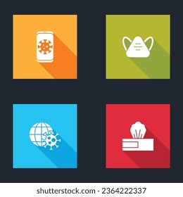 Set Virus statistics on mobile, Medical protective mask, Earth globe with virus and Wet wipe pack icon. Vector