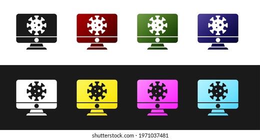 Set Virus statistics on monitor icon isolated on black and white background. Corona virus 2019-nCoV. Bacteria and germs, cell cancer, microbe, fungi.  Vector