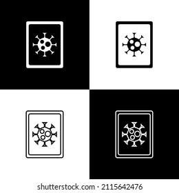 Set Virus statistics on monitor icon isolated on black and white background. Corona virus 2019-nCoV. Bacteria and germs, cell cancer, microbe, fungi.  Vector