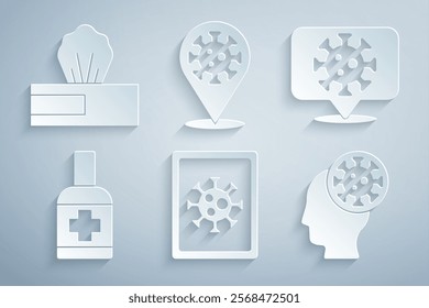 Set Virus statistics on monitor, Corona virus location, Liquid antibacterial soap, Human and, 2019-nCoV and Wet wipe pack icon. Vector