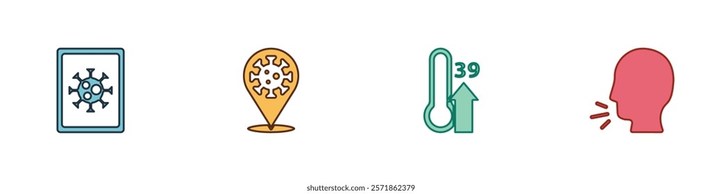 Set Virus statistics on monitor, Corona virus 2019-nCoV location, High human body temperature and Man coughing icon. Vector