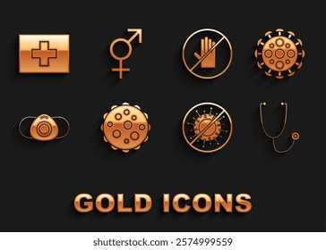 Set Virus, Stethoscope, Stop virus, Medical protective mask, No handshake, First aid kit and Gender icon. Vector