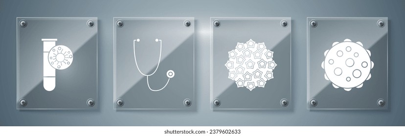 Set Virus, Virus, Stethoscope and Test tube with virus. Square glass panels. Vector