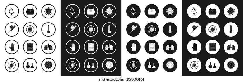 Fijar virus, paro virus, jeringas y microscopio, termómetro médico, kit de primeros auxilios, pulmón de células y guantes de goma. Vector