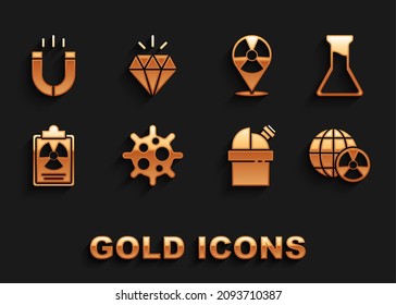 Set Virus, Test tube and flask, Planet earth radiation, Astronomical observatory, Radiation warning document, Radioactive location, Magnet and Diamond icon. Vector