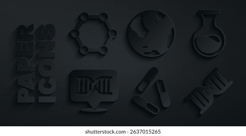 Set Virus, Test tube and flask, DNA symbol, Earth globe and Molecule icon. Vector