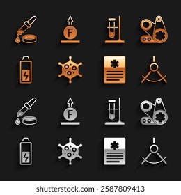 Set Virus, Timing belt kit, Drawing compass, Patient record, Battery, Test tube flask on stand, Pipette and Force of physic formula icon. Vector